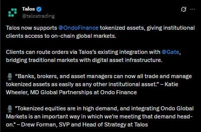 Talos Adds Ondo Tokenized Stocks