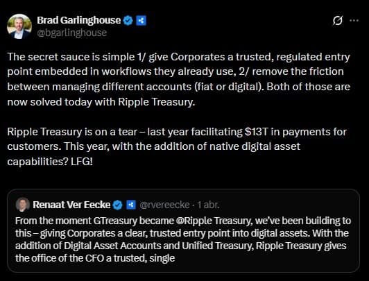 Brad Garlinghouse Hails Ripple Treasury